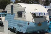 Blue and White vintage 1956 Shasta canned-ham trailer